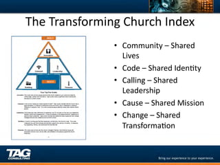 The	
  Transforming	
  Church	
  Index	
  
                     •  Community	
  –	
  Shared	
  
                        Lives	
  
                     •  Code	
  –	
  Shared	
  IdenDty	
  
                     •  Calling	
  –	
  Shared	
  
                        Leadership	
  
                     •  Cause	
  –	
  Shared	
  Mission	
  
                     •  Change	
  –	
  Shared	
  
                        TransformaDon	
  
 