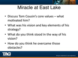 Miracle at East Lake"
•  Discuss	
  Tom	
  Cousin’s	
  core	
  values	
  –	
  what	
  
   moDvated	
  him?	
  
•  What	
  was	
  his	
  vision	
  and	
  key	
  elements	
  of	
  his	
  
   strategy?	
  
•  What	
  do	
  you	
  think	
  stood	
  in	
  the	
  way	
  of	
  his	
  
   vision?	
  
•  How	
  do	
  you	
  think	
  he	
  overcame	
  those	
  
   obstacles?	
  
 