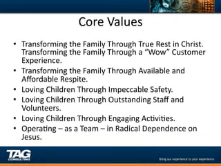 Core	
  Values	
  
•  Transforming	
  the	
  Family	
  Through	
  True	
  Rest	
  in	
  Christ.	
  
     Transforming	
  the	
  Family	
  Through	
  a	
  “Wow”	
  Customer	
  
     Experience.	
  
•  Transforming	
  the	
  Family	
  Through	
  Available	
  and	
  
     Aﬀordable	
  Respite.	
  
•  Loving	
  Children	
  Through	
  Impeccable	
  Safety.	
  
•  Loving	
  Children	
  Through	
  Outstanding	
  Staﬀ	
  and	
  
     Volunteers.	
  
•  Loving	
  Children	
  Through	
  Engaging	
  AcDviDes.	
  
•  OperaDng	
  –	
  as	
  a	
  Team	
  –	
  in	
  Radical	
  Dependence	
  on	
  
     Jesus.	
  
	
  
 