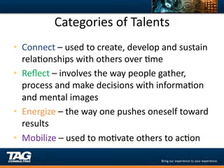Categories	
  of	
  Talents	
  
•  Connect	
  –	
  used	
  to	
  create,	
  develop	
  and	
  sustain	
  
   relaDonships	
  with	
  others	
  over	
  Dme	
  
•  Reﬂect	
  –	
  involves	
  the	
  way	
  people	
  gather,	
  
   process	
  and	
  make	
  decisions	
  with	
  informaDon	
  
   and	
  mental	
  images	
  
•  Energize	
  –	
  the	
  way	
  one	
  pushes	
  oneself	
  toward	
  
   results	
  
•  Mobilize	
  –	
  used	
  to	
  moDvate	
  others	
  to	
  acDon	
  
 