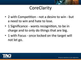 CoreClarity	
  
•  2	
  with	
  CompeDDon	
  -­‐	
  not	
  a	
  desire	
  to	
  win	
  -­‐	
  but	
  
         a	
  need	
  to	
  win	
  and	
  hate	
  to	
  lose.	
  
•  1	
  Signiﬁcance	
  -­‐	
  wants	
  recogniDon,	
  to	
  be	
  in	
  
         charge	
  and	
  to	
  only	
  do	
  things	
  that	
  are	
  big.	
  
•  1	
  with	
  Focus	
  -­‐	
  once	
  locked	
  on	
  the	
  target	
  will	
  
         not	
  let	
  go.	
  
	
  	
  
	
  
 