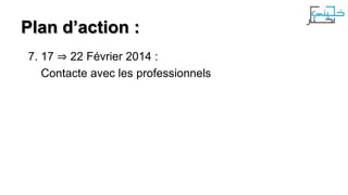 Plan d’action :
7. 17 ⇒ 22 Février 2014 :
Contacte avec les professionnels

 