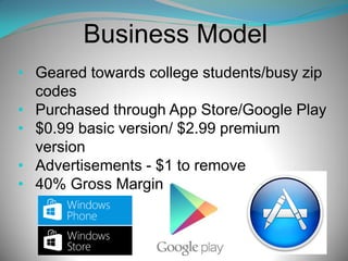 Business Model
• Geared towards college students/busy zip
codes
• Purchased through App Store/Google Play
• $0.99 basic version/ $2.99 premium
version
• Advertisements - $1 to remove
• 40% Gross Margin

 