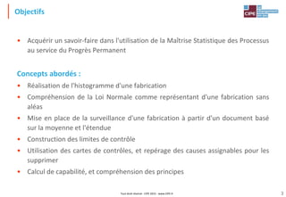 Tout droit réservé - CIPE 2015 - www.CIPE.fr 3
Objectifs
• Acquérir un savoir-faire dans l'utilisation de la Maîtrise Statistique des Processus
au service du Progrès Permanent
Concepts abordés :
• Réalisation de l'histogramme d'une fabrication
• Compréhension de la Loi Normale comme représentant d'une fabrication sans
aléas
• Mise en place de la surveillance d'une fabrication à partir d'un document basé
sur la moyenne et l'étendue
• Construction des limites de contrôle
• Utilisation des cartes de contrôles, et repérage des causes assignables pour les
supprimer
• Calcul de capabilité, et compréhension des principes
 
