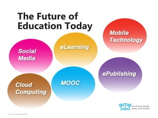 The Future of
Education Today
Social
Media

Mobile
Technology

eLearning

ePublishing
Cloud
Computing

MOOC

Kim & Kerrie Sdn Bhd
Rodney Toh 0193583043
© Kim & Kerrie Sdn Bhd

 