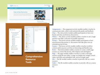 UEDP

Comprehensive
Resource
Tools

© Kim & Kerrie Sdn Bhd

Assignments — The assignment activity module enables a teacher to
communicate tasks, collect work and provide grades and feedback.
Chat — The chat activity module enables participants to have textbased, real-time synchronous discussions.
Choice — The choice activity module enables a teacher to ask a single
question and offer a selection of possible responses.
Forum — The forum activity module enables participants to have
asynchronous discussions i.e. discussions that take place over an
extended period of time.
Lesson — The lesson activity module enables a teacher to deliver
content and/or practice activities in interesting and flexible ways
Book — The book module enables a teacher to create a multi-page
resource in a book-like format, with chapters and subchapters
Page — The page module enables a teacher to create a web page
resource using the text editor. A page can display text, images, sound,
video, web links and embedded code, such as Google maps
File — The file module enables a teacher to provide a file as a course
resource.
Links — The file module enables a teacher to provide a file as a course
resource.
Etc

 