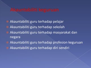  Akauntabiliti guru terhadap pelajar
 Akauntabiliti guru terhadap sekolah
 Akauntabiliti guru terhadap masyarakat dan
  negara
 Akauntabiliti guru terhadap profesion keguruan
 Akauntabiliti guru terhadap diri sendiri
 