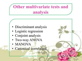 Other multivariate tests and
analysis
•
•
•
•
•
•

Discriminant analysis
Logistic regression
Conjoint analysis
Two-way ANOVA
MANOVA
Canonical correlation

 