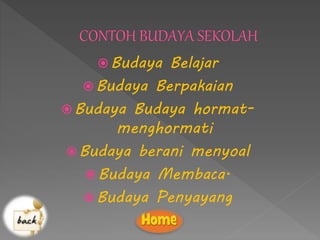  Budaya Belajar
 Budaya Berpakaian
 Budaya Budaya hormat-
menghormati
 Budaya berani menyoal
 Budaya Membaca.
 Budaya Penyayang
 