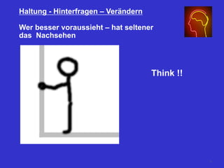 Haltung - Hinterfragen – Verändern
Wer besser voraussieht – hat seltener
das Nachsehen
Think !!
14
 