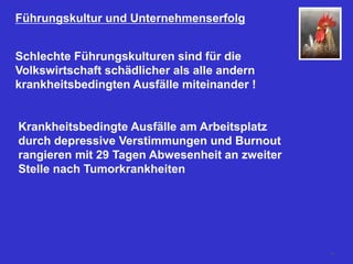 29
Schlechte Führungskulturen sind für die
Volkswirtschaft schädlicher als alle andern
krankheitsbedingten Ausfälle miteinander !
Krankheitsbedingte Ausfälle am Arbeitsplatz
durch depressive Verstimmungen und Burnout
rangieren mit 29 Tagen Abwesenheit an zweiter
Stelle nach Tumorkrankheiten
Führungskultur und Unternehmenserfolg
 