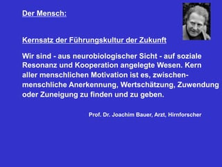 Der Mensch:
Kernsatz der Führungskultur der Zukunft
Wir sind - aus neurobiologischer Sicht - auf soziale
Resonanz und Kooperation angelegte Wesen. Kern
aller menschlichen Motivation ist es, zwischen-
menschliche Anerkennung, Wertschätzung, Zuwendung
oder Zuneigung zu finden und zu geben.
Prof. Dr. Joachim Bauer, Arzt, Hirnforscher
 