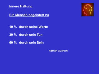 Ein Mensch begeistert zu
10 % durch seine Worte
30 % durch sein Tun
60 % durch sein Sein
Roman Guardini
Innere Haltung
45
 