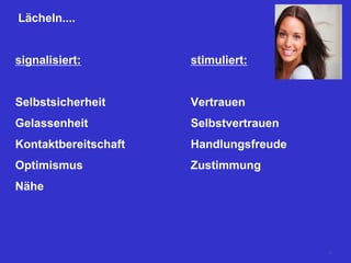 Lächeln....
signalisiert: stimuliert:
Selbstsicherheit Vertrauen
Gelassenheit Selbstvertrauen
Kontaktbereitschaft Handlungsfreude
Optimismus Zustimmung
Nähe
76
 