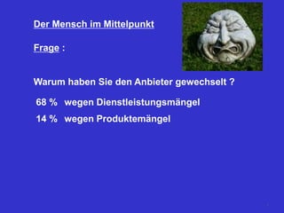 Der Mensch im Mittelpunkt
Frage :
Warum haben Sie den Anbieter gewechselt ?
68 % wegen Dienstleistungsmängel
14 % wegen Produktemängel
8
 