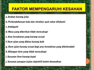 KesahanberkaitankandunganUjian yang mengandungikesahankandunganbermakna : -	Ujianberkenaanmengandungisampel yang representatifterhadaptajukdanproseskognitifbagisatukursus @ unit. (Mempunyaikesahantajukdankesahanproseskognitif; Ebel,1983.)Kesahankandunganbagisesuatupengukuranbolehdibuatberdasarkansatupenyemakan yang kritikallagiberhati-hatiterhadap item-item ujianberkenaanbersandarkankepadaobjektifkursusdankaedahpengajaran.