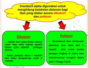 PentadbiranSatuUjianPentadbiranDuaUjiana)  Kaedahbentukselang-seli (Alternate Form Method)    - Kaedahinimemerlukan guru membinaduabentukujian yang samauntukmengujiperlakuan / konstruk yang sama & mentadbirkanujianberkenaankpdkumpulanpelajar yang samajuga.b)  Kaedahujidanujisekalilagi (Test Retest Method)- Guru membinasatubentukujian. Tadbirkanujianberkenaankpdsatukumpulanpelajar  - tunggu - tadbirkansekalilagiujian yang samakpdkumpulan yang samatadi.c)  Kaedahujianbentuksetara-Merupakankaedahterbaikdalammembuatanggarankebolehpercayaanpengukuranakademik.        -Kebolehpercayaanbentuksetarajugadisebutsebagaiteknikselangseli @ bentukselari .      - Kaedahinidigunakanuntukmengelakkanpelajardarimengingati item yang diuji.