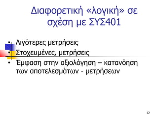 Διαφορετική «λογική» σε
σχέση με ΣΥΣ401
• Λιγότερες μετρήσεις
• Στοχευμένες, μετρήσεις
• Έμφαση στην αξιολόγηση – κατανόηση
των αποτελεσμάτων - μετρήσεων
12
 