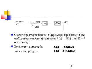 14
set point
R(s)
E(s)
D(s) G(s)
C(s)
 Ο ελεγκτής ενεργοποιείται σύμφωνα με την ύπαρξη ή όχι
σφάλματος: σφάλμα(e)= set point R(s) – B(s) μεταβλητή
διεργασίας.
 Συνάρτηση μεταφοράς
κλειστού βρόγχου:
Cs
Rs
GsDs
GsDs
()
()
() ()
() ()

1
B(s)
+
-
14
 