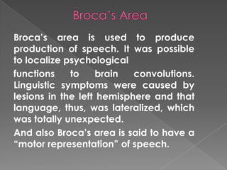 Broca‟s area is used to produce
production of speech. It was possible
to localize psychological
functions    to     brain  convolutions.
Linguistic symptoms were caused by
lesions in the left hemisphere and that
language, thus, was lateralized, which
was totally unexpected.
And also Broca‟s area is said to have a
“motor representation” of speech.
 