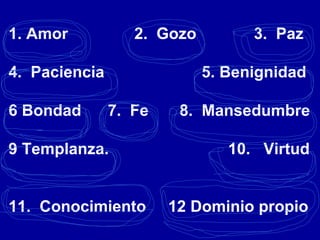 1. Amor 2. Gozo 3. Paz
4. Paciencia 5. Benignidad
6 Bondad 7. Fe 8. Mansedumbre
9 Templanza. 10. Virtud
11. Conocimiento 12 Dominio propio
 