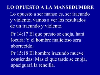LO OPUESTO A LA MANSEDUMBRE
Lo opuesto a ser manso es, ser iracundo
y violento; vamos a ver los resultados
de un iracundo y violento.
Pr 14:17 El que presto se enoja, hará
locura: Y el hombre malicioso será
aborrecido.
Pr 15:18 El hombre iracundo mueve
contiendas: Mas el que tarde se enoja,
apaciguará la rencilla.
 