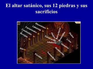 Disensiones
Pleitos
Celos
Lascivia
Enemistades
IdolatríaH
echicerías
Iras
Contiendas
Herejías
Inm
undicia
Adulterio
Fornicación
Orgias
BorracherasHomicidios
Envidias
El altar satánico, sus 12 piedras y sus
sacrificios
 
