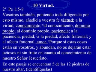 2ª Pe 1:5-8
Vosotros también, poniendo toda diligencia por
esto mismo, añadid a vuestra fe virtud; a la
virtud, conocimiento; 6
al conocimiento, dominio
propio; al dominio propio, paciencia; a la
paciencia, piedad; 7
a la piedad, afecto fraternal; y
al afecto fraternal, amor. 8
Porque si estas cosas
están en vosotros, y abundan, no os dejarán estar
ociosos ni sin fruto en cuanto al conocimiento de
nuestro Señor Jesucristo.
10 Virtud.
En este pasaje se encuentran 5 de las 12 piedras de
nuestro altar, (identifíquelas)
 