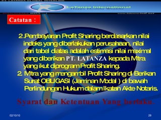 02/10/10 Catatan  : Pembayaran Profit Sharing berdasarkan nilai indeks yang diberlakukan perusahaan, nilai dari tabel diatas adalah estimasi nilai maximal yang diberikan  PT. LATANZA  kepada Mitra yang  ikut diprogram Profit Sharing . 2. Mitra yang mengambil Profit Sharing di Berikan  Surat OBLIGASI (Jaminan Modal ) di bawah  Perlindungan Hukum dalam Ikatan Akte Notaris. Syarat dan Ketentuan Yang berlaku. 