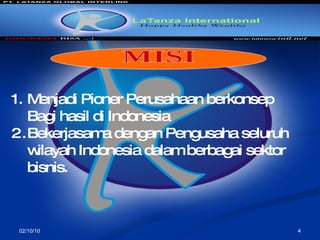 02/10/10 Menjadi Pioner Perusahaan berkonsep Bagi hasil di Indonesia  Bekerjasama dengan Pengusaha seluruh wilayah Indonesia dalam berbagai sektor bisnis. MISI  