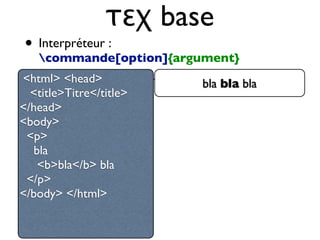 τεχ base
• Interpréteur :
commande[option]{argument}
• doit passer par un compilateur<html> <head>
<title>Titre</title>
</head>
<body>
<p>
bla
<b>bla</b> bla
</p>
</body> </html>
bla bla bla
 