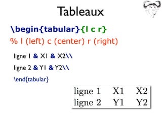 Tableaux
ligne 1  X1  X2
ligne 2 Y1 Y2
end{tabular}
begin{tabular}{l c r}
% l (left) c (center) r (right)
 