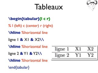 Tableaux
begin{tabular}{l c r}
% l (left) c (center) r (right)
hline %horizontal line
ligne 1  X1  X2
hline %horizontal line
ligne 2 Y1 Y2
hline %horizontal line
end{tabular}
 