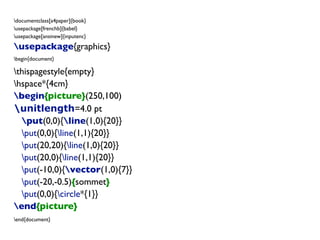 documentclass[a4paper]{book}
usepackage[frenchb]{babel}
usepackage[ansinew]{inputenc}
usepackage{graphics}
begin{document}
thispagestyle{empty}
hspace*{4cm}
begin{picture}(250,100)
unitlength=4.0 pt
put(0,0){line(1,0){20}}
put(0,0){line(1,1){20}}
put(20,20){line(1,0){20}}
put(20,0){line(1,1){20}}
put(-10,0){vector(1,0){7}}
put(-20,-0.5){sommet}
put(0,0){circle*{1}}
end{picture}
end{document}
 