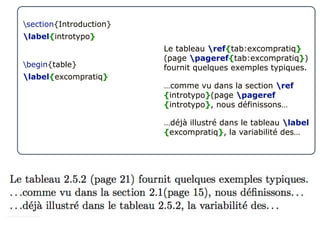 section{Introduction}
label{introtypo}
begin{table}
label{excompratiq}
Le tableau ref{tab:excompratiq}
(page pageref{tab:excompratiq})
fournit quelques exemples typiques.
…comme vu dans la section ref
{introtypo}(page pageref
{introtypo}, nous définissons…
…déjà illustré dans le tableau label
{excompratiq}, la variabilité des…
 