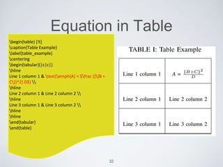Equation in Table 
32 
begin{table} [!t] 
caption{Table Example} 
label{table_example} 
centering 
begin{tabular}{|c|c|} 
hline 
Line 1 column 1 & text{emph{A} = $frac {{{B + 
C}}^2} D$}  
hline 
Line 2 column 1 & Line 2 column 2  
hline 
Line 3 column 1 & Line 3 column 2  
hline 
hline 
end{tabular} 
end{table} 
 