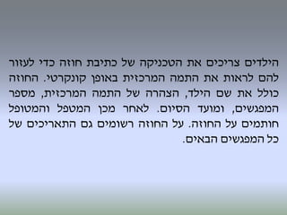 ‫הילדים‬‫צריכים‬‫את‬‫הטכניקה‬‫של‬‫כתיבת‬‫חוזה‬‫כדי‬‫לעזור‬
‫להם‬‫לראות‬‫את‬‫התמה‬‫המרכזית‬‫באופן‬‫קונקרטי‬.‫החוזה‬
‫כולל‬‫את‬‫שם‬‫הילד‬,‫הצהרה‬‫של‬‫התמה‬‫המרכזית‬,‫מספר‬
‫המפגשים‬,‫ומועד‬‫הסיום‬.‫לאחר‬‫מכן‬‫המטפל‬‫והמטופל‬
‫חותמים‬‫על‬‫החוזה‬.‫על‬‫החוזה‬‫רשומים‬‫גם‬‫התאריכים‬‫של‬
‫כל‬‫המפגשים‬‫הבאים‬.
 