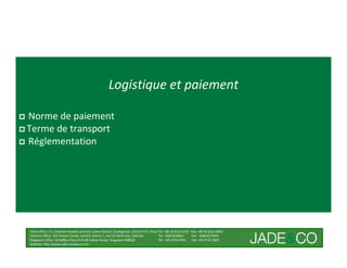 Logistique et paiement

Norme de paiement
Terme de transport
Réglementation




China office: 5-2, Shamian San(No.3) Street, Liwan District, Guangzhou, 510133 P.R. China Tel: +86 20-8121 6421 Fax: +86 20-8121 8602
Vietnam office: 162 Pasteur Street, Level 8, District 1, Ho Chi Minh City, Vietnam        Tel: +848 8246811     Fax : +848 8274656
Singapore office: 30 Raffles Place # 23-00 Caltex House, Singapore 048622                 Tel: +65 6733 4393     Fax: +65 6735 2835
Website: http://www.jade-company.com
 