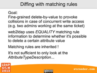 Diffing with matching rules
Goal:
Fine-grained delete-by-value to provoke
collisions in case of concurrent write access
(e.g. two admins working at the same ticket)
web2ldap uses EQUALITY matching rule
information to determine whether it's possible
to delete a certain attribute value
Matching rules are inherited !
It's not sufficient to only look at the
AttributeTypeDescription...
stroeder.com

 
