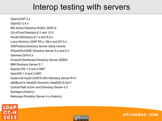 Interop testing with servers
OpenLDAP 2.x
OpenDJ 2.4.x
MS Active Directory W2K3..W2K12
CA eTrust Directory 8.1 and 12.0
Novell eDirectory 8.7.x and 8.8.x
Lotus Domino LDAP R5.x, R6.x and R7.0.x
389/Fedora Directory Server (fairly recent)
iPlanet/SunONE Directory Server 5.x and 6.x
Siemens DirX 6.x
Innosoft Distributed Directory Server (IDDS)
IBM Directory Server 5.1
Apache DS 1.5 and 2.0M7
OpenDS 1.0 and 2.0RC
Isode's M-Vault LDAP/X.500 Directory Server R14
eB2Bcom's ViewDS (formerly View500) 6.0e11
Critical Path InJoin and Directory Server 4.2
Syntegra (historic)
Netscape Directory Server 4.x (historic)

stroeder.com

 