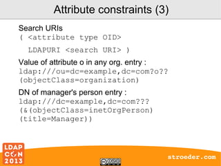 Attribute constraints (3)
Search URIs
( <attribute type OID>
LDAPURI <search URI> )
Value of attribute o in any org. entry :
ldap:///ou=dc=example,dc=com?o??
(objectClass=organization)
DN of manager's person entry :
ldap:///dc=example,dc=com???
(&(objectClass=inetOrgPerson)
(title=Manager))

stroeder.com

 