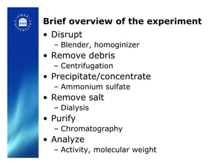 Brief overview of the experiment
• Disrupt
  – Blender, homoginizer
• Remove debris
  – Centrifugation
• Precipitate/concentrate
  – Ammonium sulfate
• Remove salt
  – Dialysis
• Purify
  – Chromatography
• Analyze
  – Activity, molecular weight
 