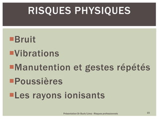Bruit
Vibrations
Manutention et gestes répétés
Poussières
Les rayons ionisants
Présentation Dr Buch/Lima - Risques professionnels 15
RISQUES PHYSIQUES
 