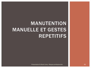 21Présentation Dr Buch/Lima - Risques professionnels
MANUTENTION
MANUELLE ET GESTES
REPETITIFS
 