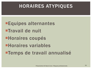 Equipes alternantes
Travail de nuit
Horaires coupés
Horaires variables
Temps de travail annualisé
Présentation Dr Buch/Lima - Risques professionnels 33
HORAIRES ATYPIQUES
 
