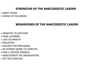STRENGTHS OF THE NARCISSISTIC LEADER GREAT VISION SCORES OF FOLLOWERS WEAKNESSES OF THE NARCISSISTIC LEADER SENSITIVE TO CRITICISM POOR LISTENERS LACK OF EMPATHY EXPLOITIVE DISTASTE FOR MENTORING AN INTENSE DESIRE TO COMPLETE FIND A TRUSTED SIDEKICK INDOCTRINATE THE ORGANIZATION GET INTO ANALYSIS 