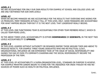 LEVEL # 1 WE ARE ACCOUNTABLE FOR ONLY OUR OWN RESULTS FOR EXAMPLE AT SCHOOL AND COLLEGE LEVEL WE ARE ONLY BOTHERED FOR OUR OWN LEVELS LEVEL #2 WHEN WE BECOME MANAGER WE ARE ACCOUNTABLE FOR THE RESULTS THAT EVERYONE WHO WORKS FOR US PRODUCES. MANY MANAGERS ACTUALLY FALL AT THIS LEVEL ONLY. GOOD MANAGERS ARE ACCOUNTABLE FOR WHAT HAPPENS BELOW THEM BUT IT IS THE NEXT LEVEL THAT LEADERSHIP REALLY BEGINS. LEVEL # 3 AT THIS LEVEL ONE FUNCTIONING TEAM IS ACCOUNTABLE FOR OTHER TEAM MEMBERS RESULT, WHICH IS CALLED TEAM-PEERS LEVEL. IN THE ABOVE THREE LEVEL ACCOUNTABILITY IS EITHER  DOWNWARDS  OR  SIDEWAYS.  IN THE NEXT TWO LEVELS ACCOUNTABILITY IS  UPWARD.  LEVEL # 4 IN THIS LEVEL LEADERS WITHOUT AUTHORITY OR REWARDS INSPIRE THOSE AROUND THEM AND ABOVE TO PRODUCE RESULTS. FOR EXAMPLE THREE YOUNG GRADUATES WHO HAD NO POLITICAL CLOUT, ORGANIZATIONAL INFLUENCE OR JOB EXPERIENCE TOOK UP THE ISSUE OF SOCIAL RESPONSIBILITY AND GAINED THE EAR OF EVEN ITS COMPANY’S CHAIRMAN AND THE SOCIAL RESPONSIBILITY BECAME THE PROFESSION OF THE FIRM. LEVEL # 5 AT THIS LEVEL OF ACCOUNTABILITY A SUPRA-ORGANIZATION LEVEL, STANDARD OR PURPOSE IS ACHIEVE. FOR EXAMPLE MAHATMA GANDHI BEGAN TO STAND FOR THE INDIGENCE FOR INDIA THOUGH HE HAD NO SOURCES OF POWER SUCH AS WEALTH OR POLITICAL INFLUENCE. Contd.. 