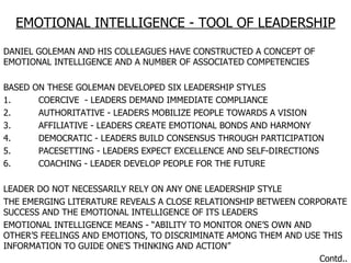EMOTIONAL INTELLIGENCE - TOOL OF LEADERSHIP DANIEL GOLEMAN AND HIS COLLEAGUES HAVE CONSTRUCTED A CONCEPT OF EMOTIONAL INTELLIGENCE AND A NUMBER OF ASSOCIATED COMPETENCIES  BASED ON THESE GOLEMAN DEVELOPED SIX LEADERSHIP STYLES  1. COERCIVE  - LEADERS DEMAND IMMEDIATE COMPLIANCE 2. AUTHORITATIVE - LEADERS MOBILIZE PEOPLE TOWARDS A VISION 3. AFFILIATIVE - LEADERS CREATE EMOTIONAL BONDS AND HARMONY 4. DEMOCRATIC - LEADERS BUILD CONSENSUS THROUGH PARTICIPATION 5. PACESETTING - LEADERS EXPECT EXCELLENCE AND SELF-DIRECTIONS 6. COACHING - LEADER DEVELOP PEOPLE FOR THE FUTURE LEADER DO NOT NECESSARILY RELY ON ANY ONE LEADERSHIP STYLE THE EMERGING LITERATURE REVEALS A CLOSE RELATIONSHIP BETWEEN CORPORATE SUCCESS AND THE EMOTIONAL INTELLIGENCE OF ITS LEADERS EMOTIONAL INTELLIGENCE MEANS - “ABILITY TO MONITOR ONE’S OWN AND OTHER’S FEELINGS AND EMOTIONS, TO DISCRIMINATE AMONG THEM AND USE THIS INFORMATION TO GUIDE ONE’S THINKING AND ACTION” Contd.. 