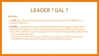 LEADER ? GAL ?
Définition
• Un GAL est un Groupe d’Acteurs locaux qui gère un programme LEADER sur un
territoire déterminé...