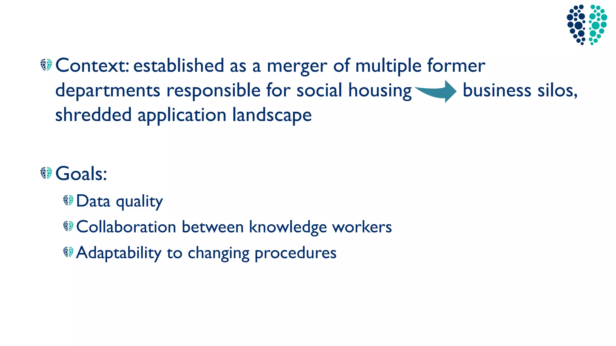 Case:VMSW
(Flemish
Government)
Context: established as a merger of multiple former
departments responsible for social housing business silos,
shredded application landscape
Goals:
Data quality
Collaboration between knowledge workers
Adaptability to changing procedures
 